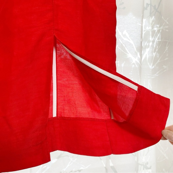 CARMEN MARCH red linen high rise gathered waist fitted midi slit pencil skirt - Picture 7 of 9